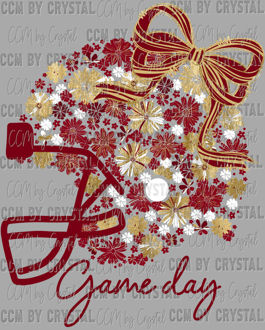 Game Day Football Helmet Floral Gold Maroon White Bow Flowers Sports Ready to Press Transfer DTF Transfer Sublimation Transfer
