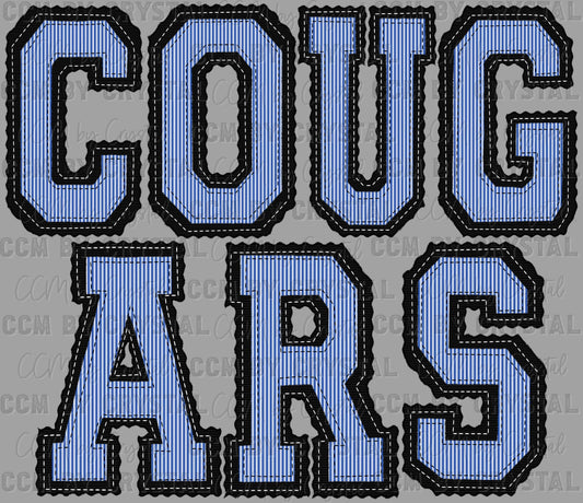 Cougars Faux Embroidery Stripes Blue Sports Mascot Ready to Press Transfer DTF Transfer Sublimation Transfer