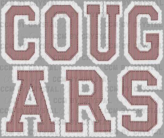Cougars Faux Embroidery Stripes Maroon Sports Mascot Ready to Press Transfer DTF Transfer Sublimation Transfer