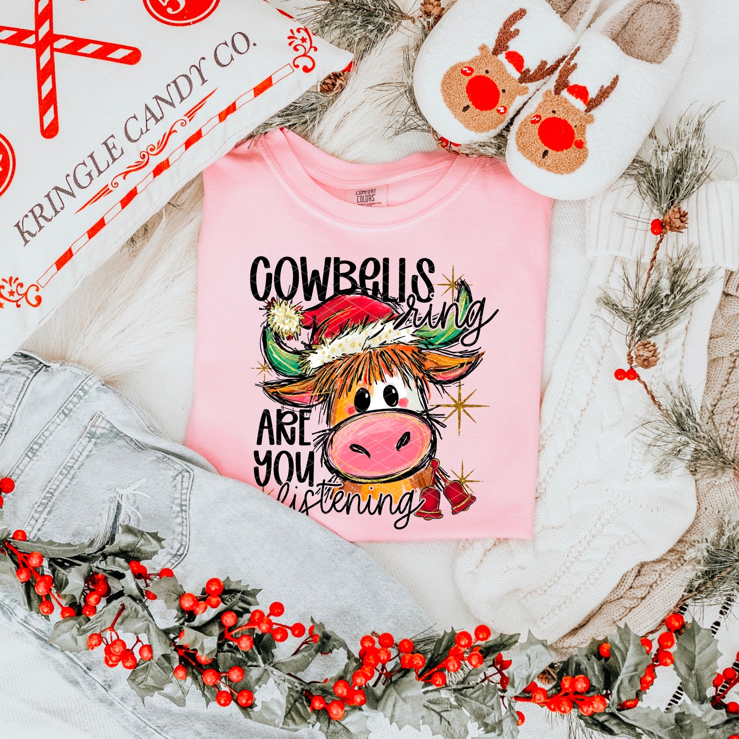 Cowbells Sing are you Listening Fake Faux Glitter Christmas Ready to Press Transfer Instant Peel DTF Transfer Sublimation Transfer