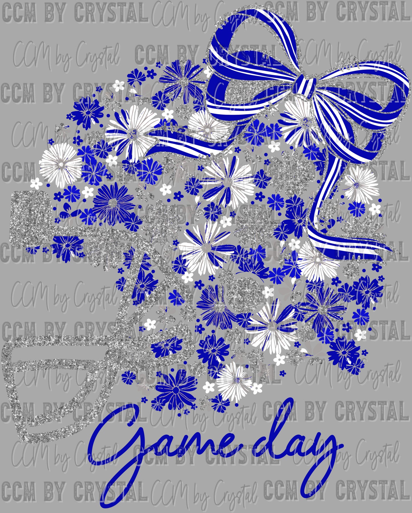 Game Day Football Helmet Floral Navy Silver White Bow Flowers Sports Ready to Press Transfer DTF Transfer Sublimation Transfer