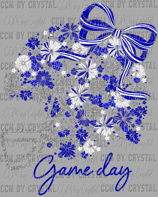 Game Day Football Helmet Floral Navy Silver White Bow Flowers Sports Ready to Press Transfer DTF Transfer Sublimation Transfer