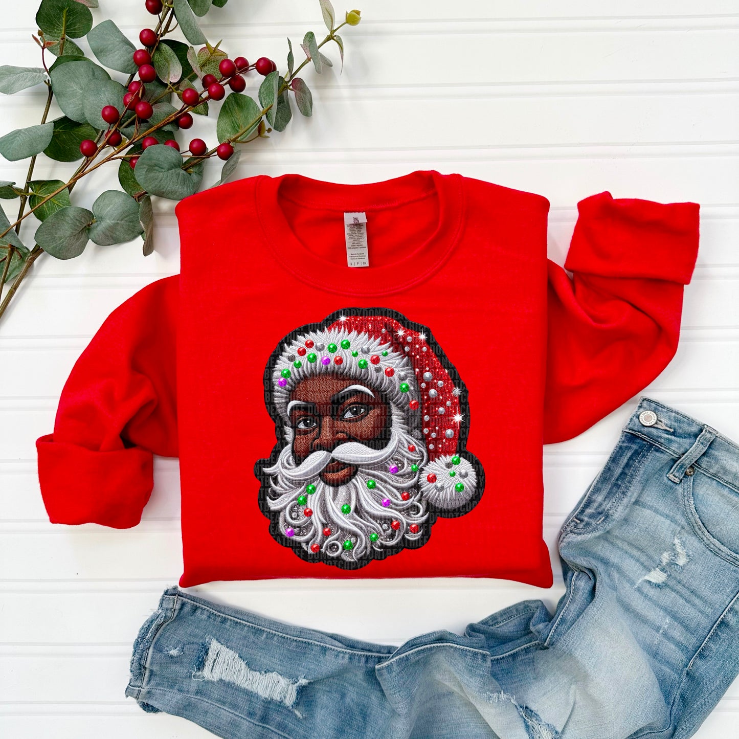 Santa Christmas Faux Glitter Faux Rhinestones Ready to Press Transfer DTF Transfer Sublimation Transfer