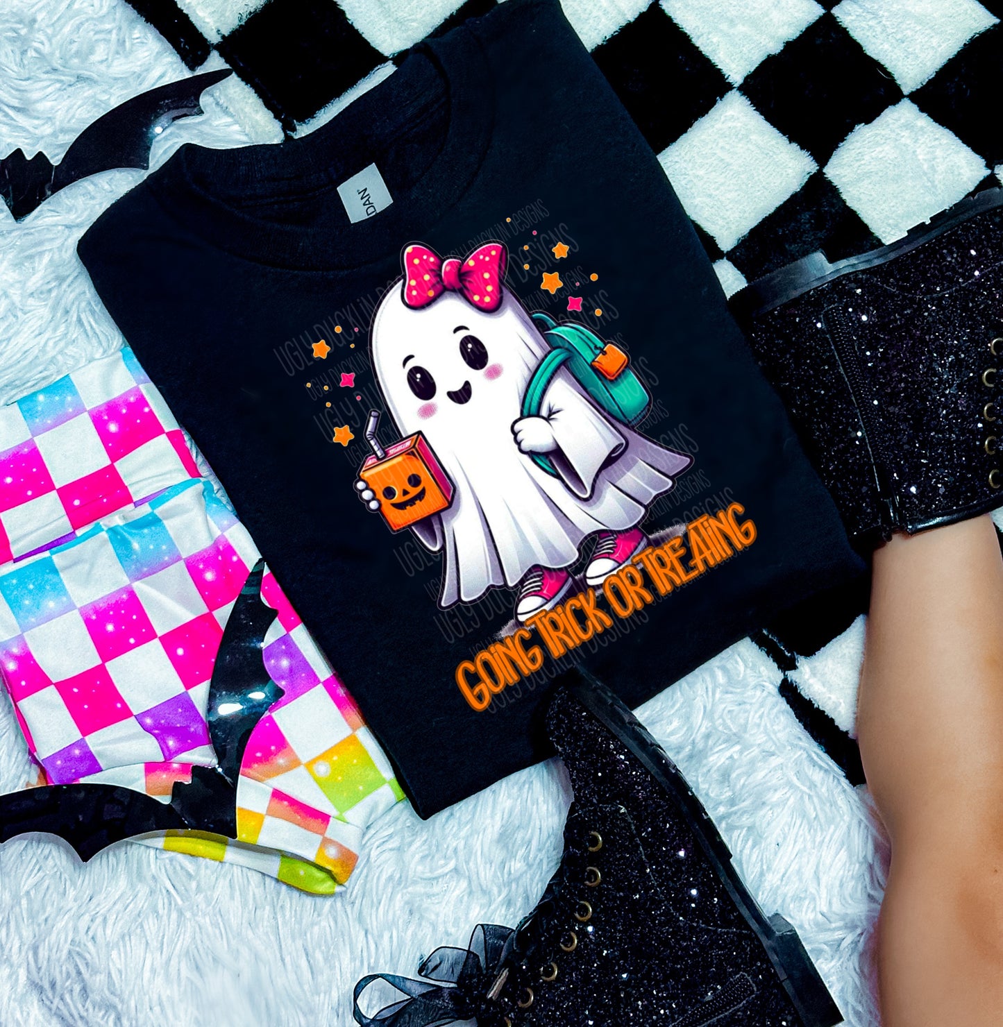 Cute Ghost Going Trick or Treating Ready to Press Transfer DTF Transfer Sublimation Transfer
