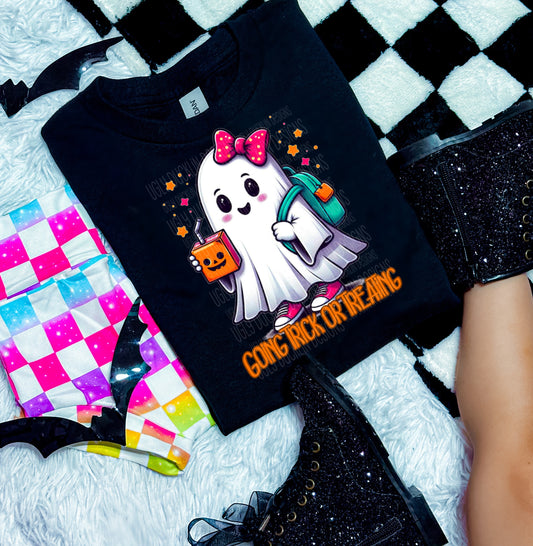 Cute Ghost Going Trick or Treating Ready to Press Transfer DTF Transfer Sublimation Transfer