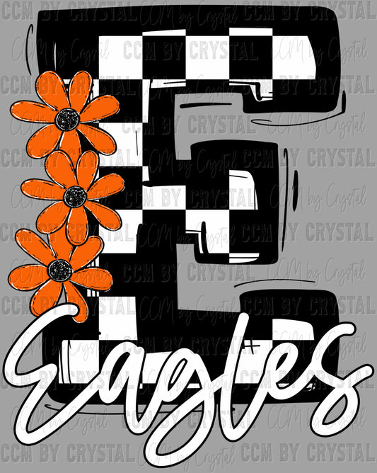 Eagles Orange Flowers Checkered Sports Mascot Ready to Press Transfer DTF Transfer Sublimation Transfer