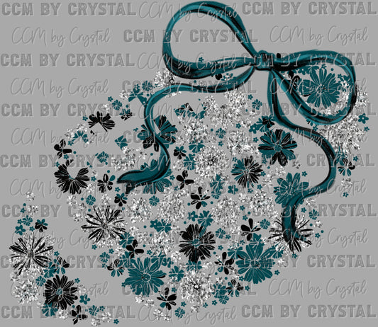 Football Floral Dark Green Teal Black Silver Bow Flowers Sports Ready to Press Transfer DTF Transfer Sublimation Transfer