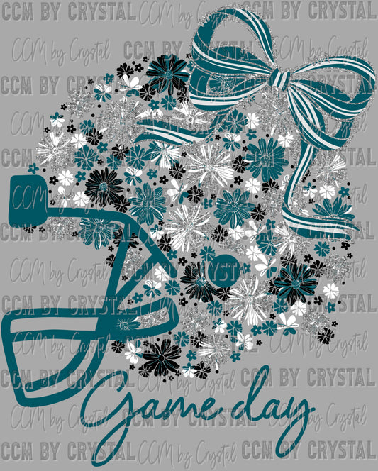 Game Day Football Helmet Floral Teal Black Silver White Bow Flowers Sports Ready to Press Transfer DTF Transfer Sublimation Transfer