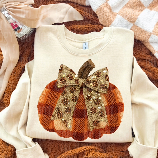 Pumpkin Bow Fall Faux Fake Yarn and Sequin Ready to Press Transfer DTF Transfer Sublimation Transfer