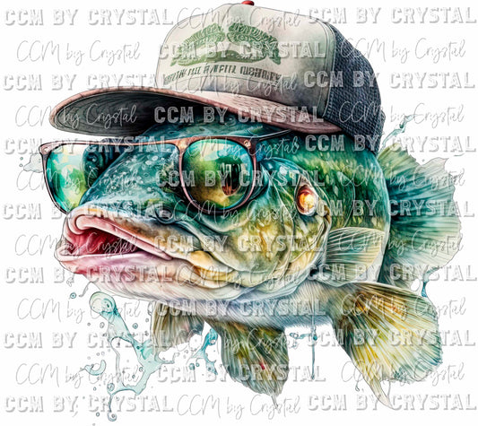 Fish with Trucker's Cap and Sunglasses Fishing Ready to Press Transfer