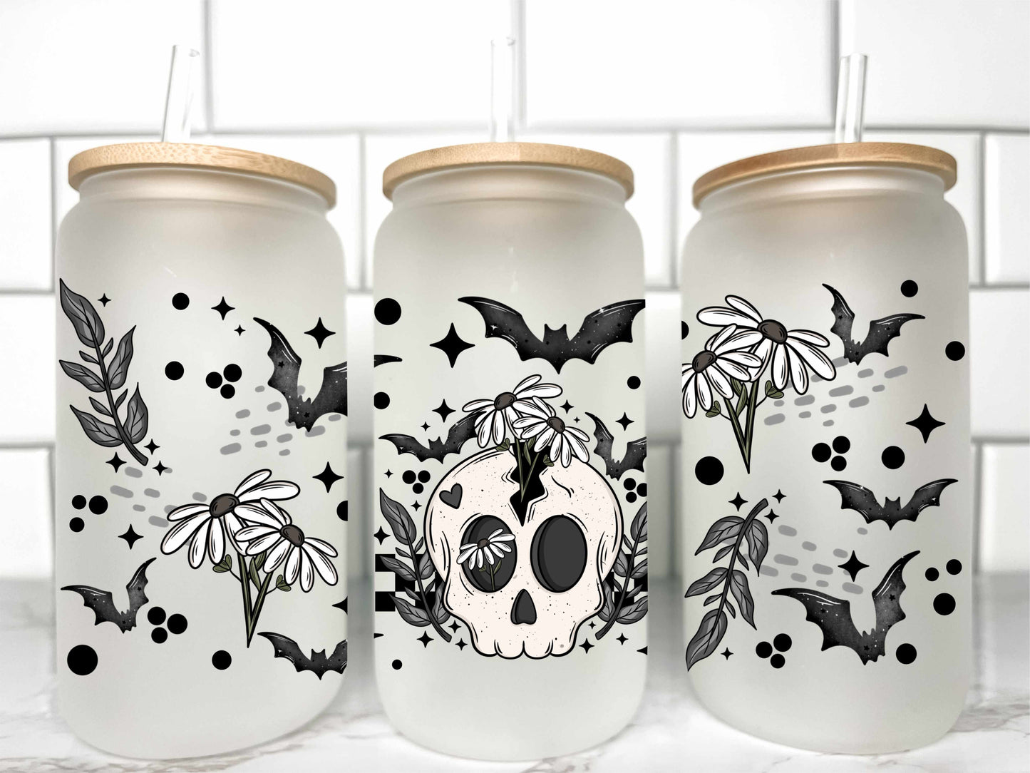 Floral Skeleton Bats Halloween UV Transfer 16oz Libby Glass Can Wrap Ready to Apply