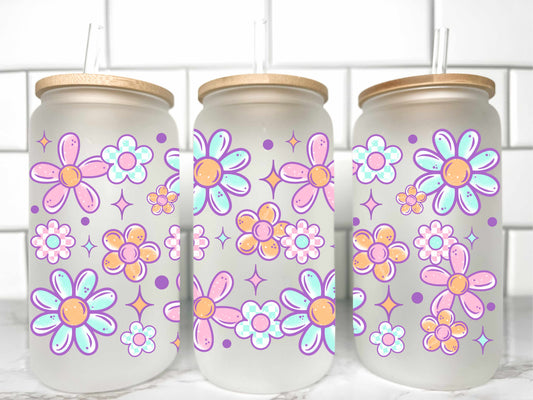 Colorful Flowers UV Transfer 16oz Libby Glass Can Wrap Ready to Apply