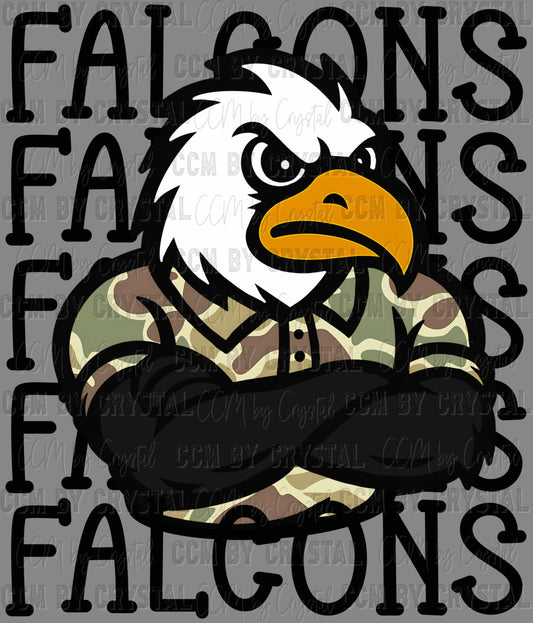 Falcons Camo Stacked Sports Mascot Ready to Press Transfer DTF Transfer Sublimation Transfer
