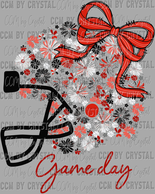 Game Day Football Helmet Floral Red Black Silver White Bow Flowers Sports Ready to Press Transfer DTF Transfer Sublimation Transfer