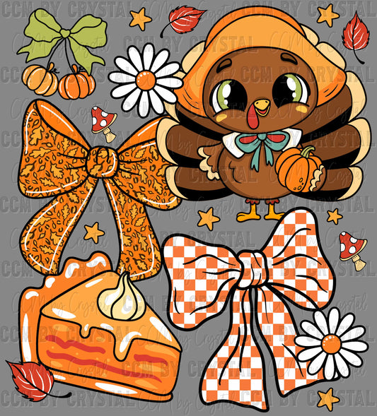 Turkey Fall Autumn Thanksgiving Bow Pumpkin Ready to Press Transfer DTF Transfer Sublimation Transfer