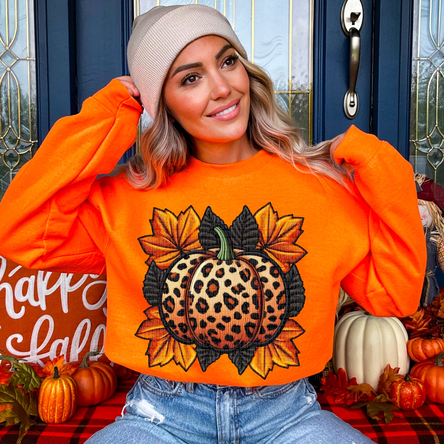 Leopard Pumpkin Fall Faux Embroidery Ready to Press Transfer DTF Transfer Sublimation Transfer