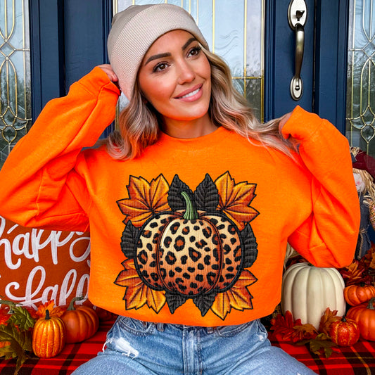 Leopard Pumpkin Fall Faux Embroidery Ready to Press Transfer DTF Transfer Sublimation Transfer