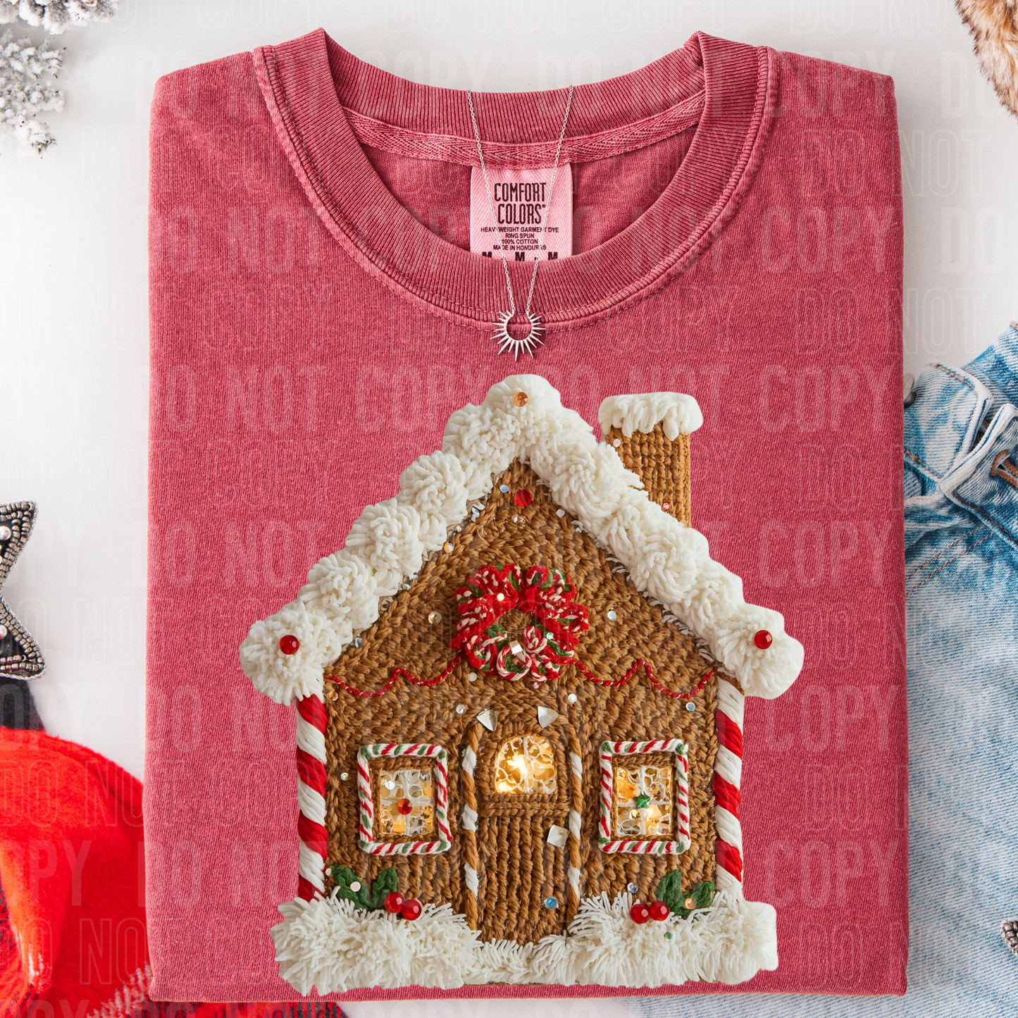 Gingerbread House Christmas Faux Fake Yarn Ready to Press Transfer DTF Transfer Sublimation Transfer
