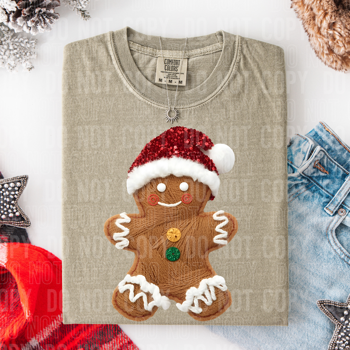 Gingerbread Man Christmas Santa Hat Faux Fake Yarn and Sequin Ready to Press Transfer DTF Transfer Sublimation Transfer