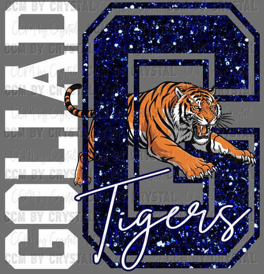 G Goliad Tigers Faux Glitter Ready to Press Instant Peel DTF Transfers