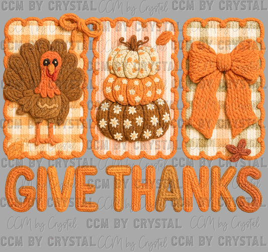 Give Thanks Fall Thanksgiving Turkey Faux Yarn Ready to Press Transfer DTF Transfer Sublimation Transfer