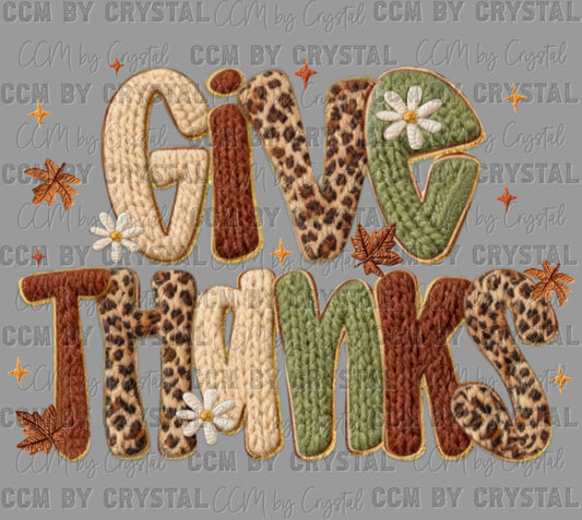 Give Thanks Fall Thanksgiving Faux Yarn Ready to Press Transfer DTF Transfer Sublimation Transfer
