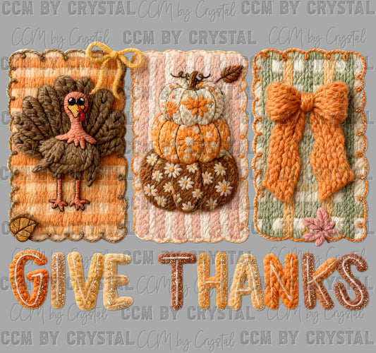 Give Thanks Fall Thanksgiving Turkey Faux Yarn Ready to Press Transfer DTF Transfer Sublimation Transfer