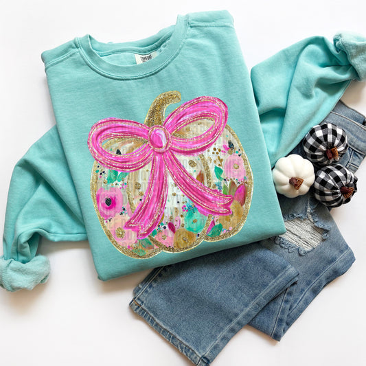 Faux Glitter Floral Painted Pumpkin Ready to Press Transfer DTF Transfer Sublimation Transfer