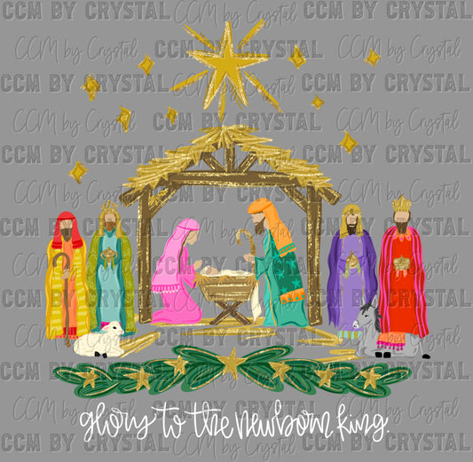 Glory to the Newborn King Manger Christianity Faux Glitter Ready to Press Transfer DTF Transfer Sublimation Transfer