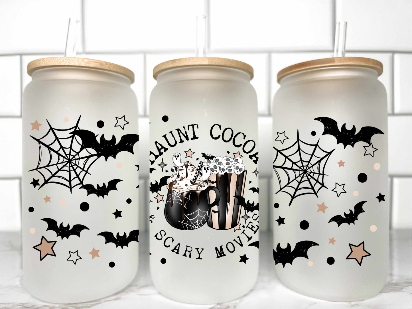 Haunt Cocoa Scary movies Halloween UV Transfer 16oz Libby Glass Can Wrap Ready to Apply