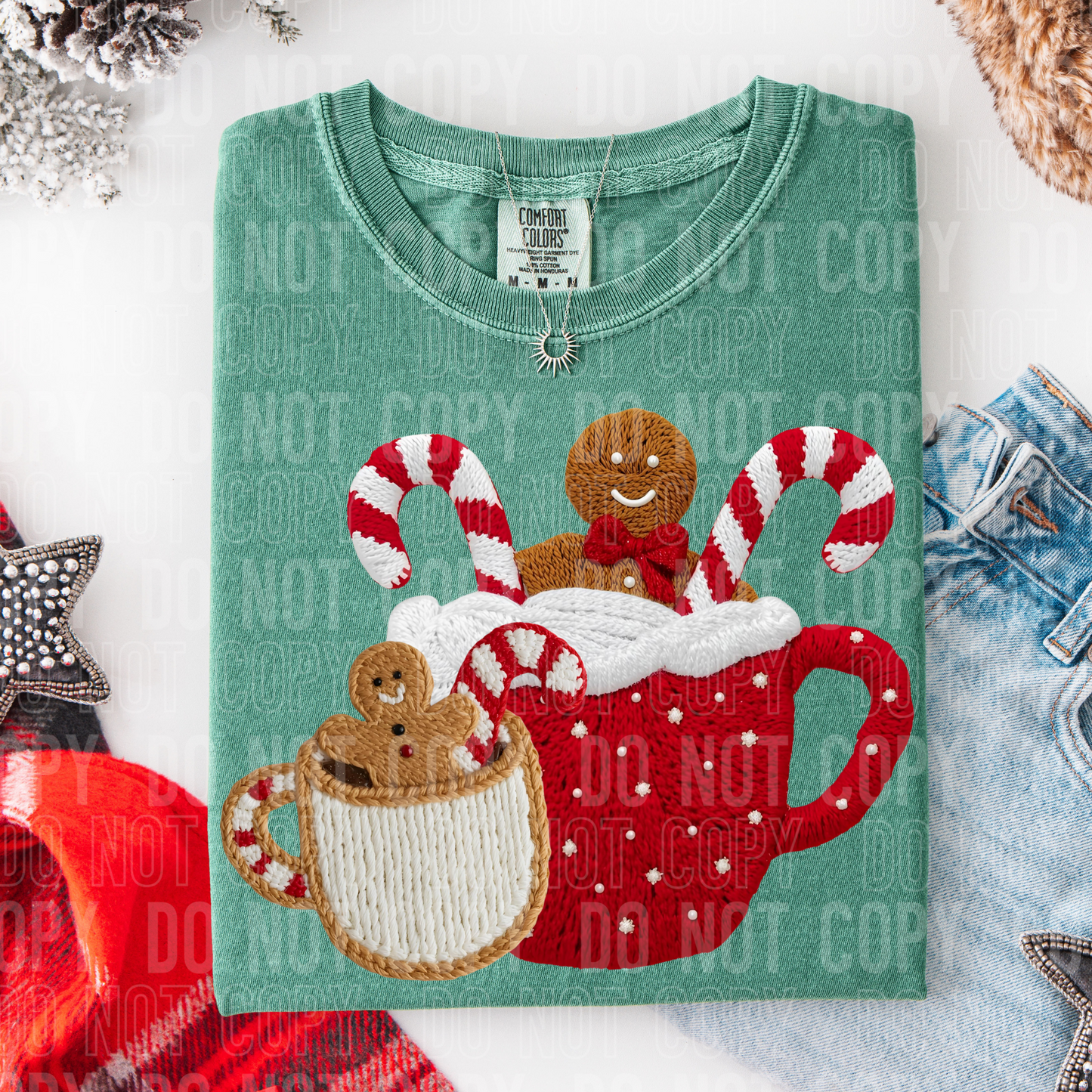 Hot Cocoa Christmas Gingerbread Men Candy Canes Faux Fake Yarn Ready to Press Transfer DTF Transfer Sublimation Transfer