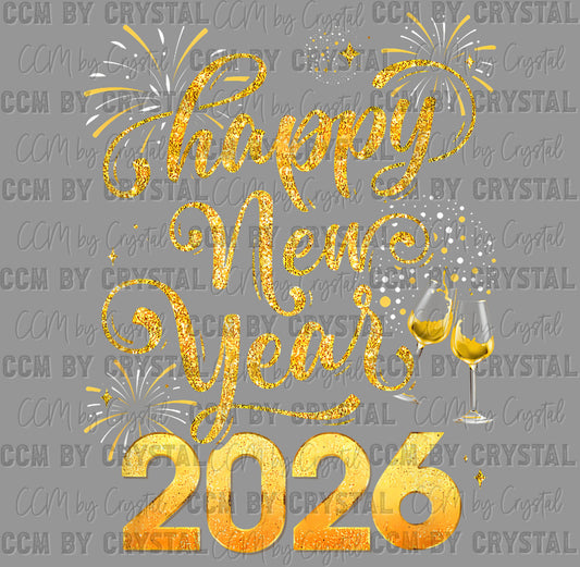 Happy New Years 2026 Champayne Fireworks Faux Glitter Ready to Press Transfer DTF Transfer Sublimation Transfer