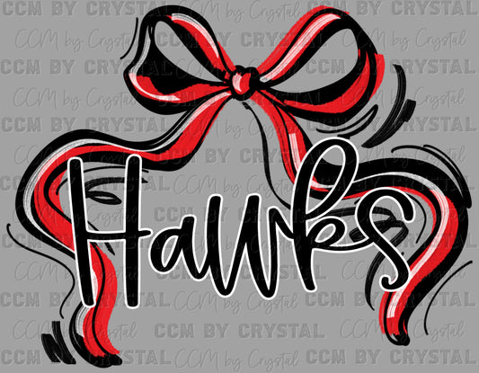Hawks Red Bow Ribbon Sports Mascot Ready to Press Transfer DTF Transfer Sublimation Transfer
