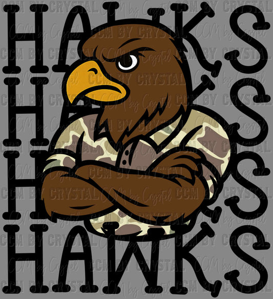 Hawks Camo Stacked Sports Mascot Ready to Press Transfer DTF Transfer Sublimation Transfer