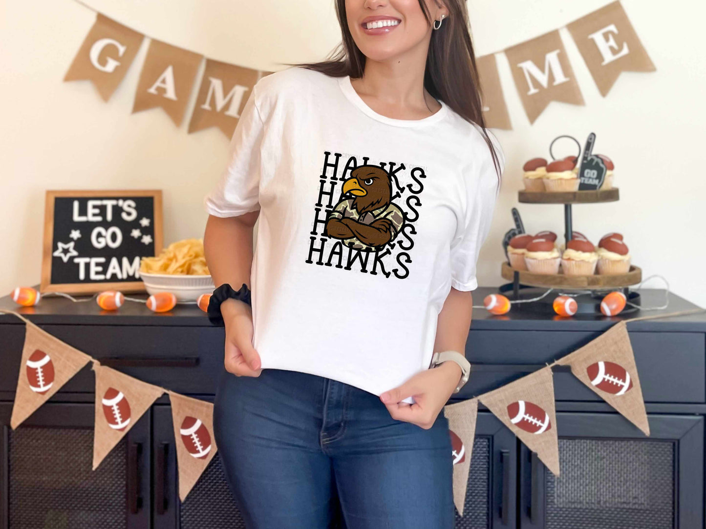Hawks Camo Stacked Sports Mascot Ready to Press Transfer DTF Transfer Sublimation Transfer