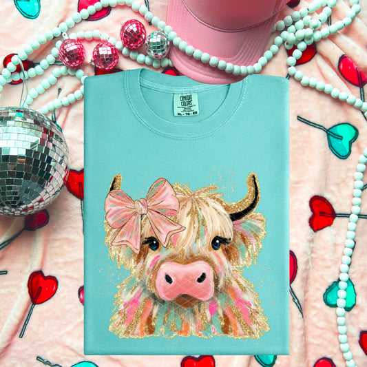 Girly Highland Cow Faux Glitter Day Ready to Press Instant Peel DTF Transfers Sublimation Transfers