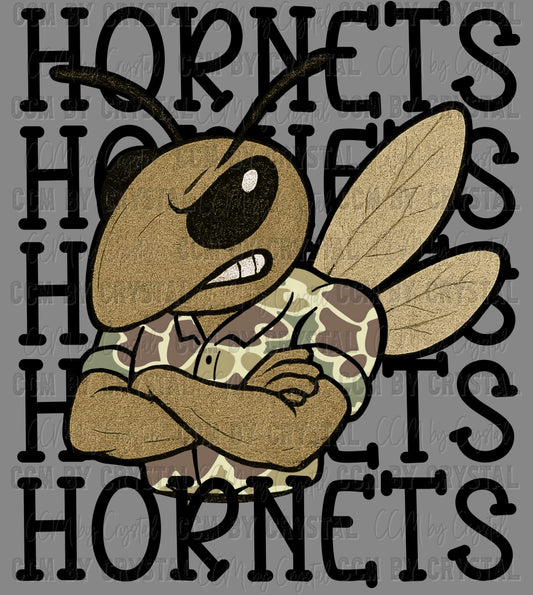 Hornets Camo Stacked Sports Mascot Ready to Press Transfer DTF Transfer Sublimation Transfer