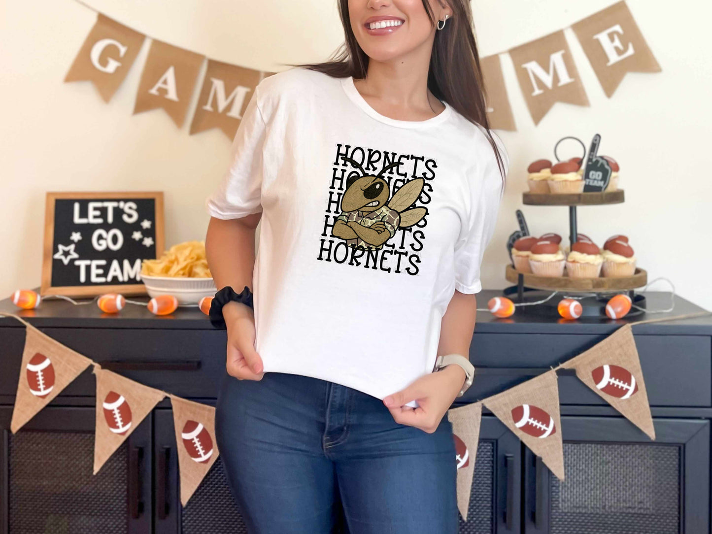 Hornets Camo Stacked Sports Mascot Ready to Press Transfer DTF Transfer Sublimation Transfer