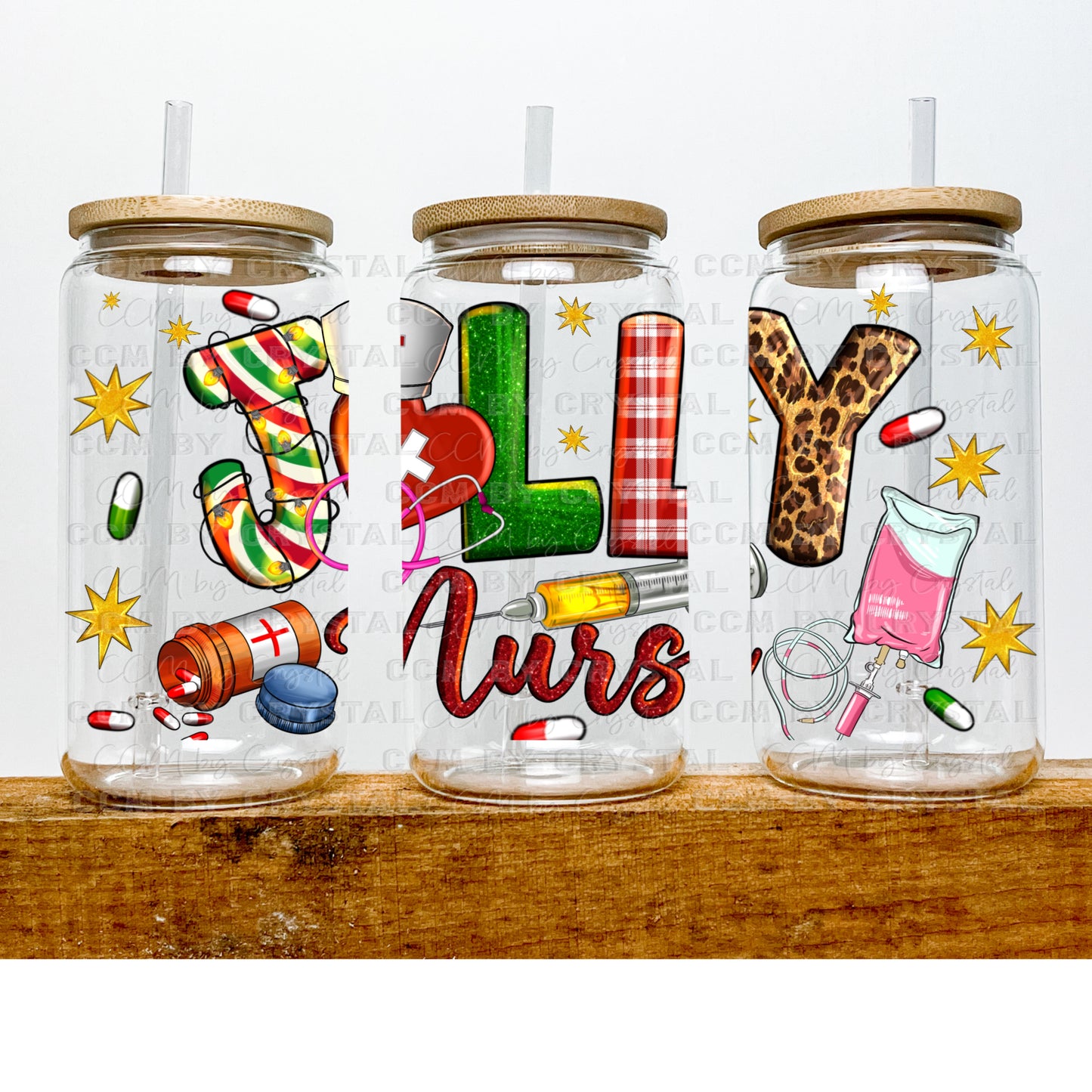 Jolly Nurse Christmas UV DTF Transfer 16oz Libby Glass Can Wrap Ready to Apply