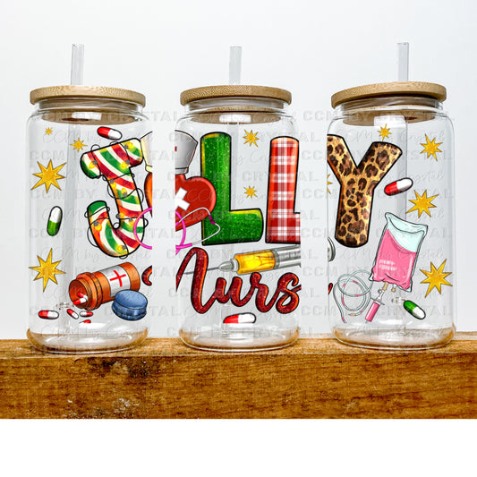 Jolly Nurse Christmas UV DTF Transfer 16oz Libby Glass Can Wrap Ready to Apply