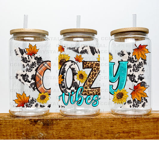 Cozy Vibes Fall UV DTF Transfer 16oz Libby Glass Can Wrap Ready to Apply