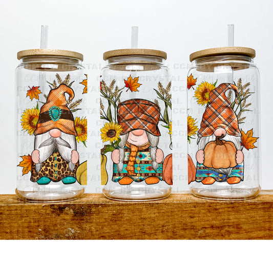 Fall Gnomes UV DTF Transfer 16oz Libby Glass Can Wrap Ready to Apply