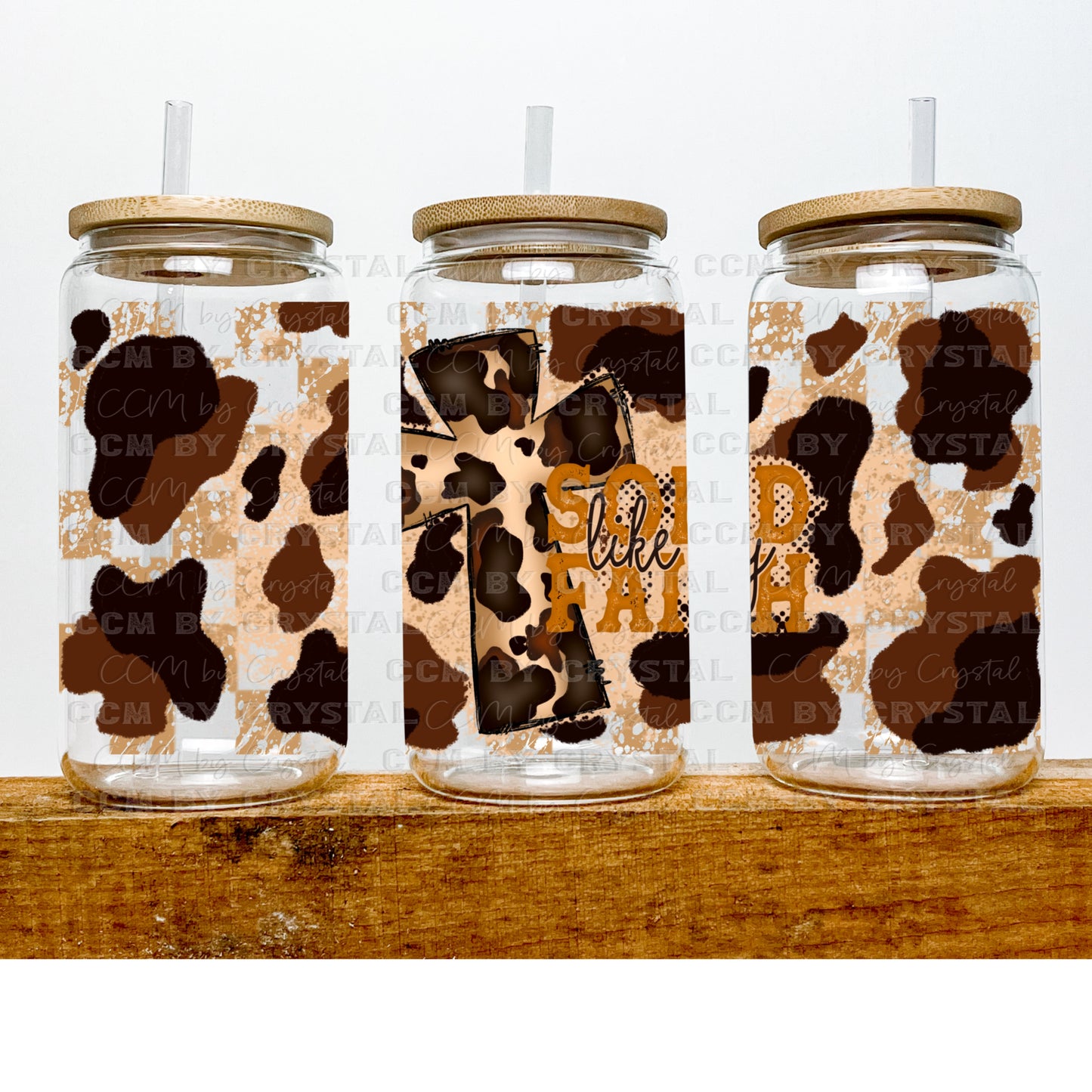 Solid Like My Faith Cross Cowhide UV DTF Transfer 16oz Libby Glass Can Wrap Ready to Apply