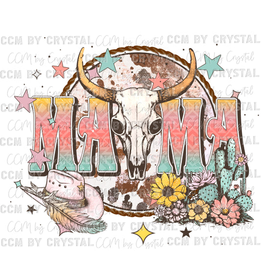 Mama Bull Skull Cowhide Western Ready to Press Transfer