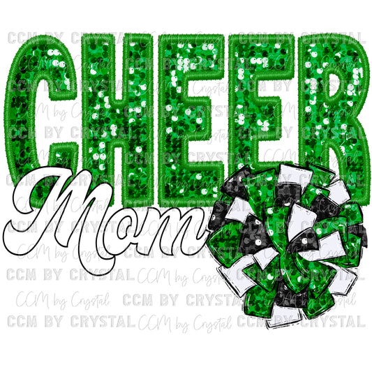 Cheer Mom Faux Sequins Faux Embroidery Green PNG Digital File ONLY