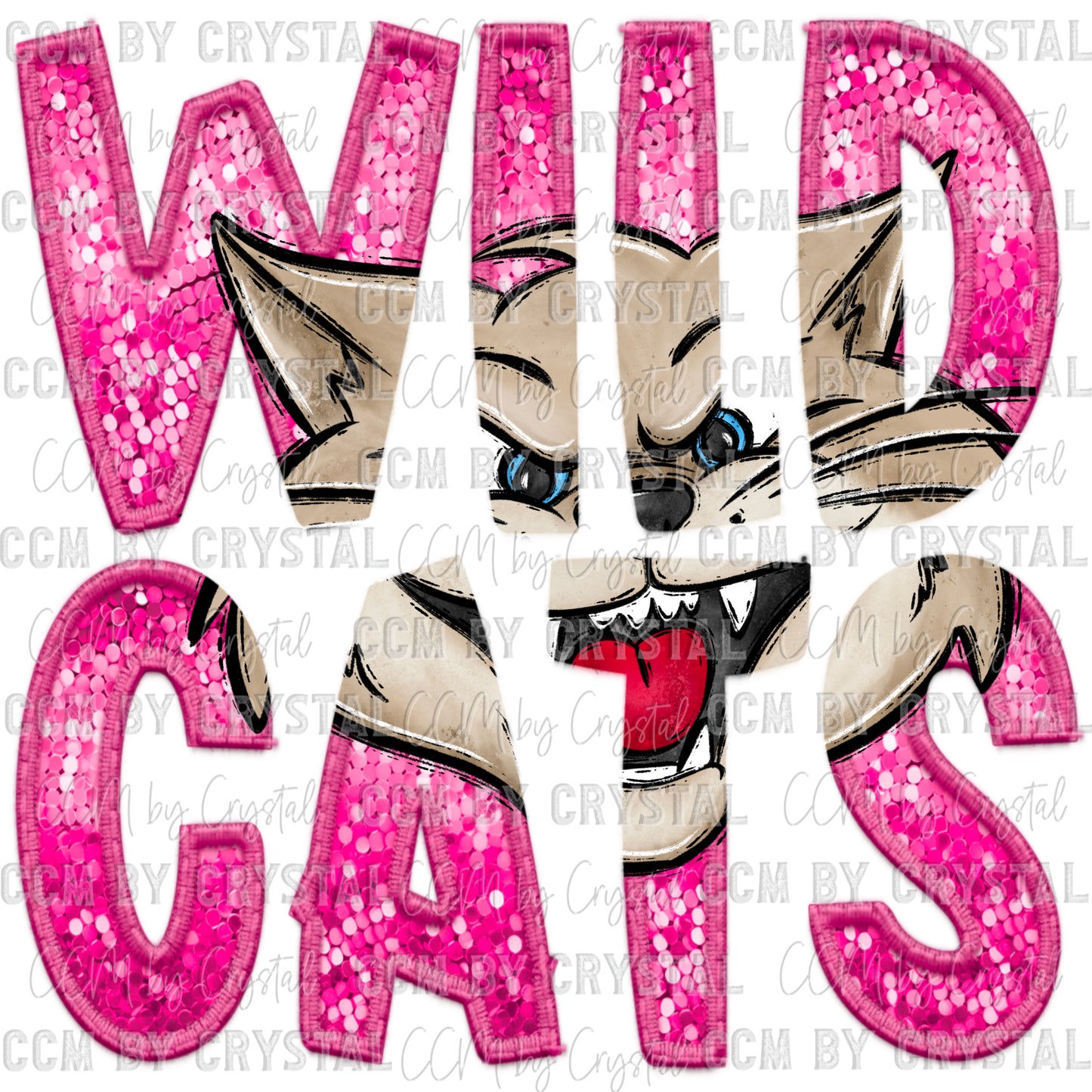 Wildcats Pink Mascot Faux Sequins Faux Embroidery PNG Digital File ONLY