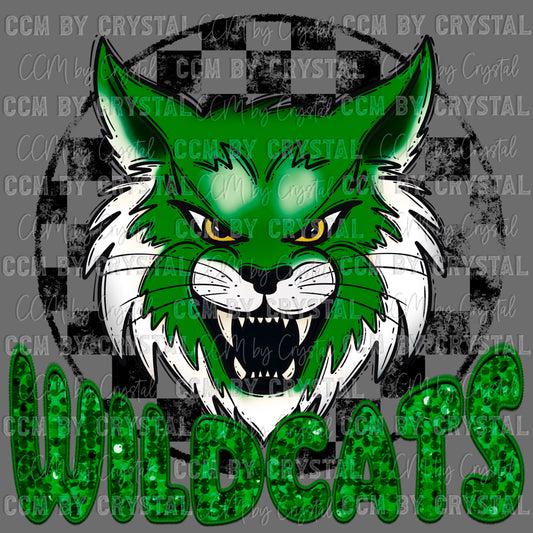 Wildcats Green Mascot Faux Sequins Faux Embroidery Ready to Press Transfer