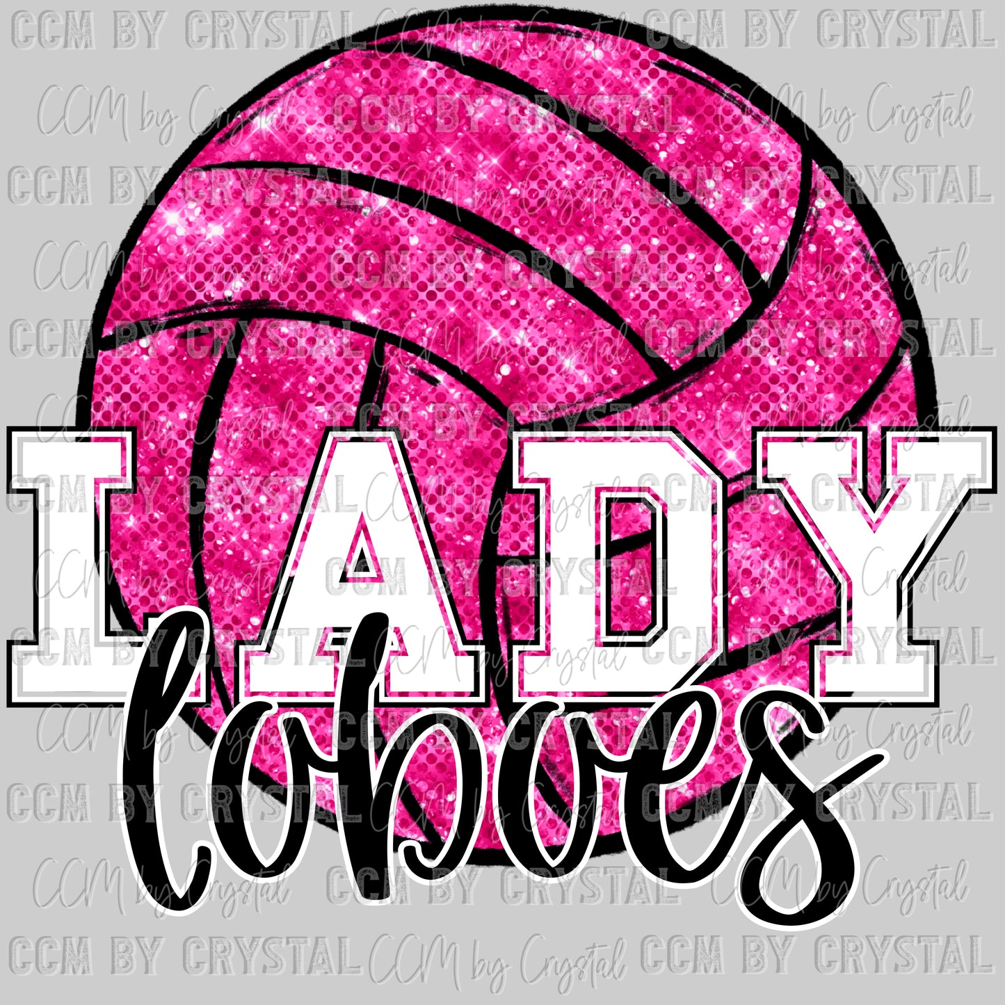 Lady Loboes Pink Volleyball Faux Sequins Mascot Ready to Press Transfer