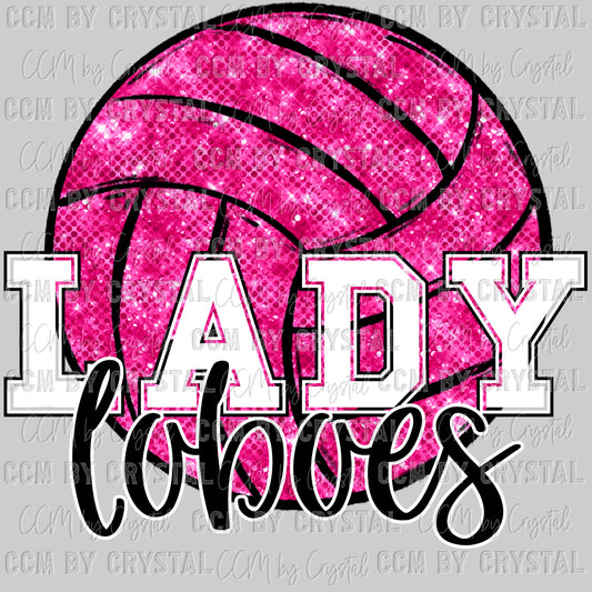 Lady Loboes Pink Volleyball Faux Sequins Mascot Ready to Press Transfer