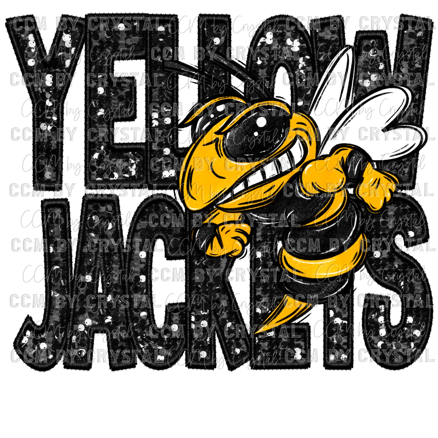 Yellow Jackets Faux Sequins Faux Embroidery Mascot Ready to Press Transfer